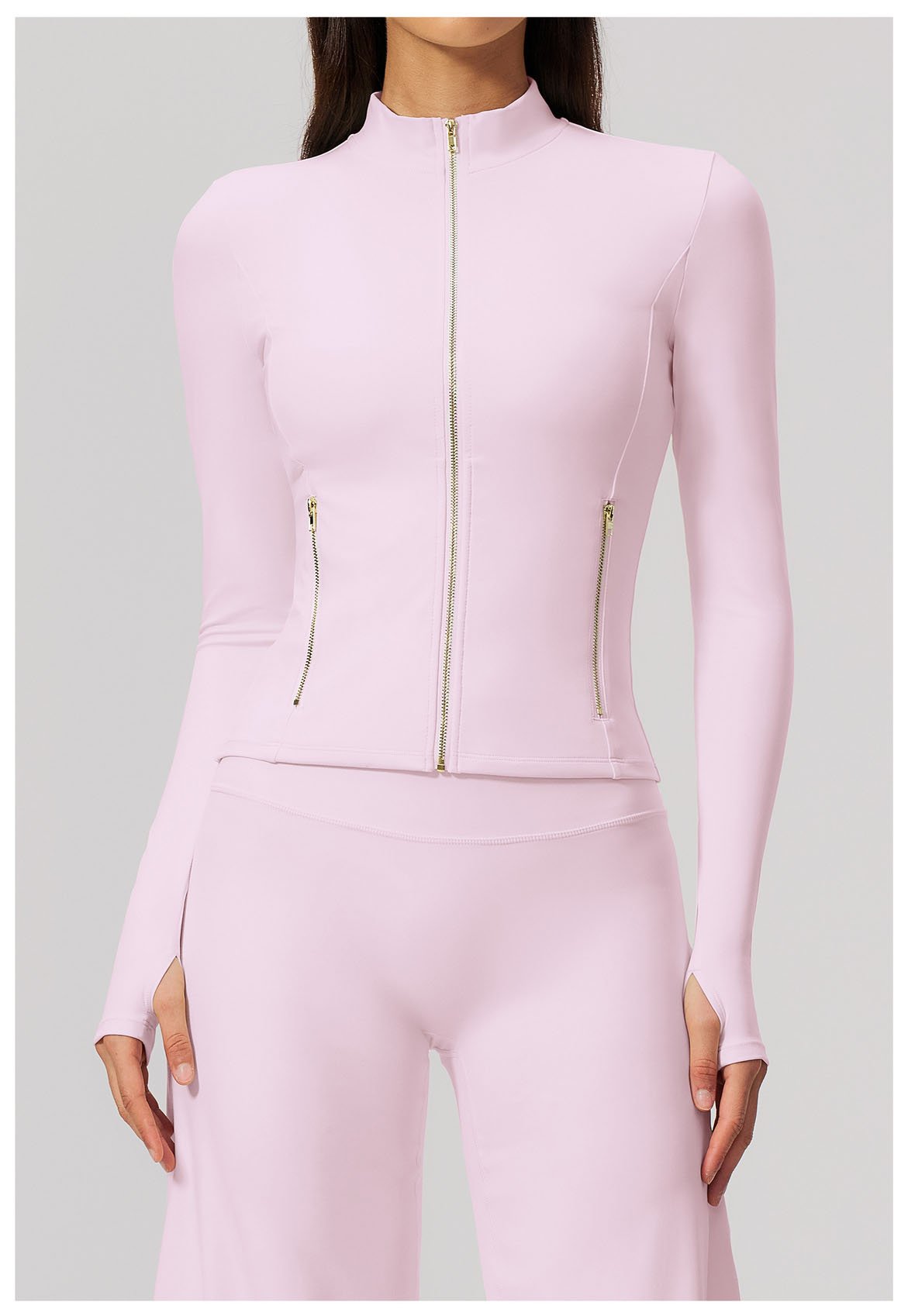 Light pink cropped yoga zipper top stand collar thumb hole workout jacket