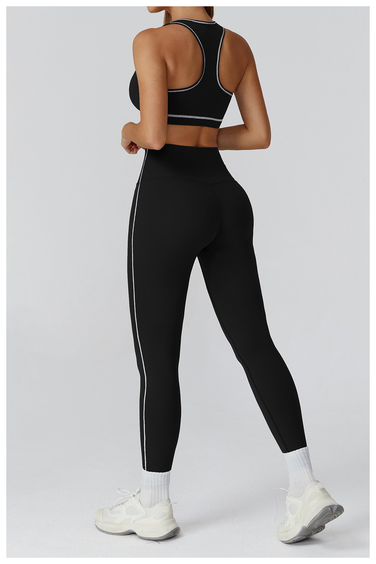 Back view women yoga three piece set high waist workout leggings