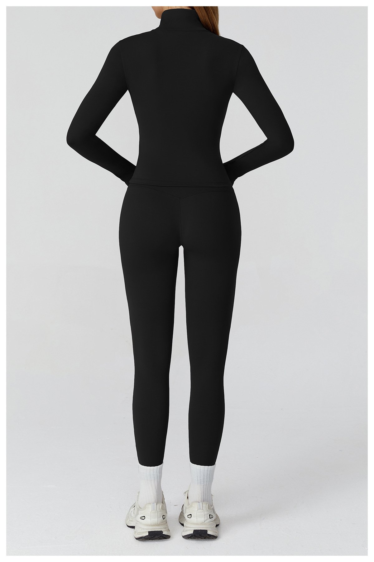 black back view women yoga three piece set high waist workout leggings