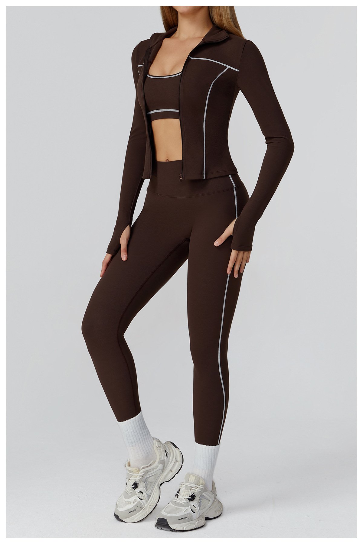brown yoga three piece set stretch pilates workout clothing