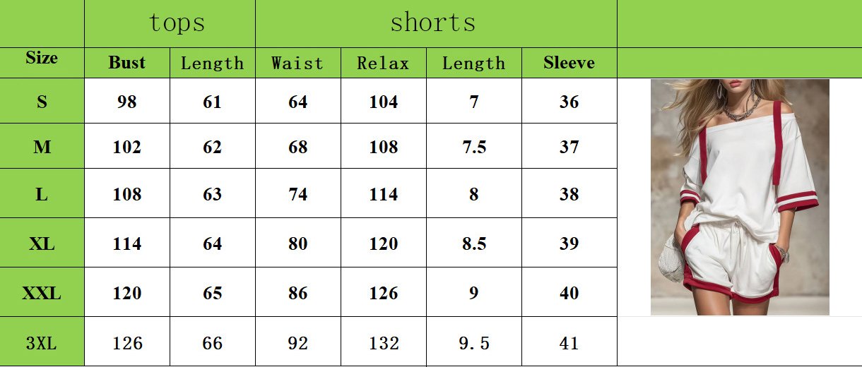 Official measurement chart for off shoulder color trim short tracksuit set, tops bust/length/sleeve & shorts waist/length size data table