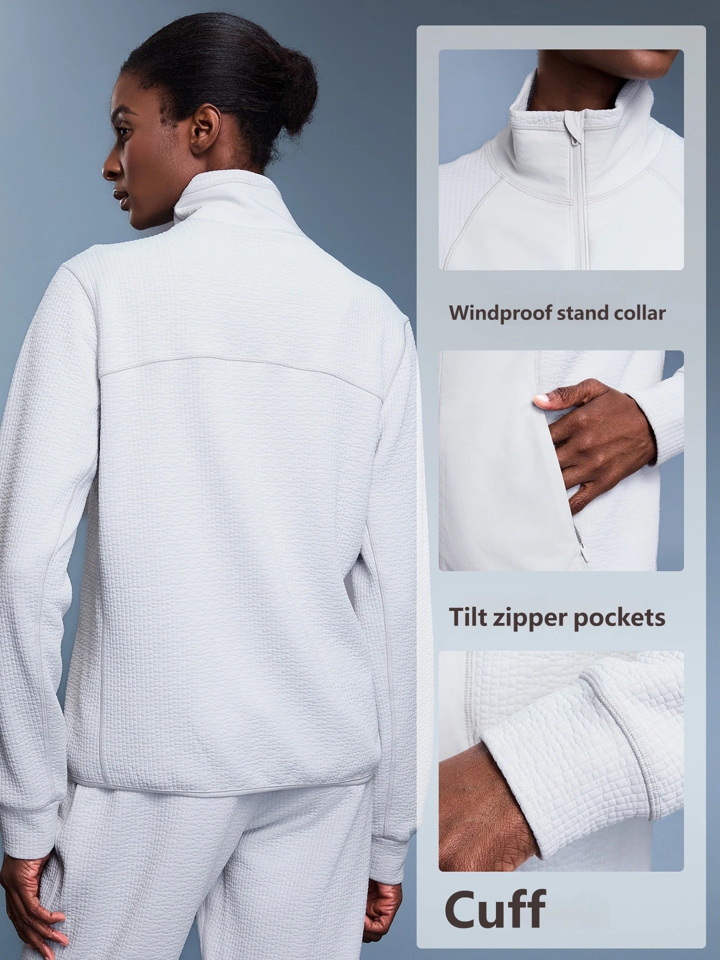 Zipper pioneer waffle zip jacket highlight display collar pocket cuff fabric