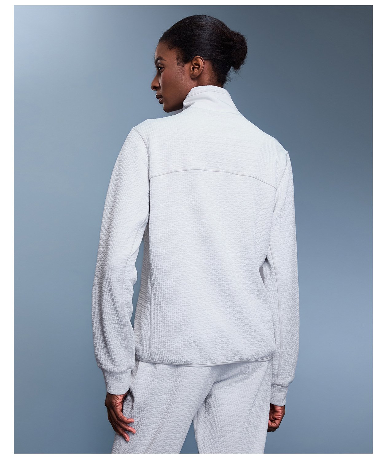 White zipper pioneer waffle zip jacket back view collar pocket cuff feature