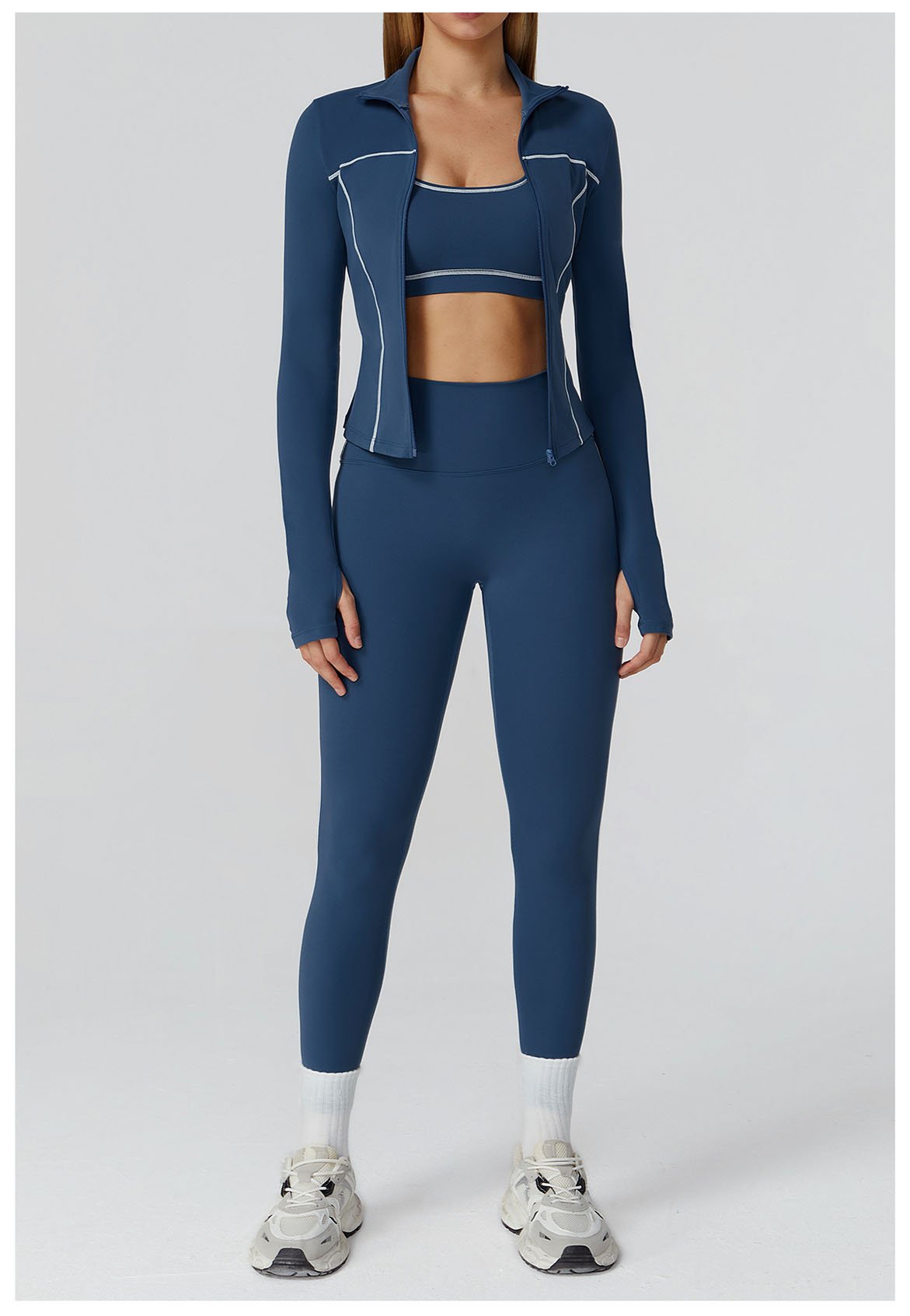 blue yoga three piece set stretch pilates workout clothing
