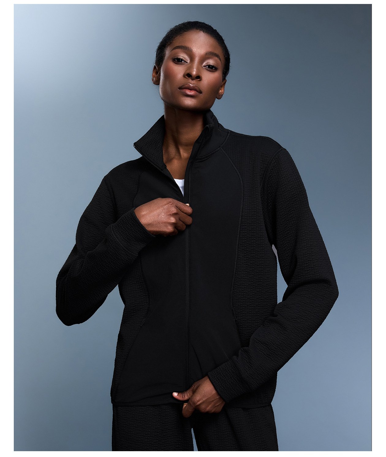 Black zipper pioneer waffle zip jacket zipper placket adjustment shot