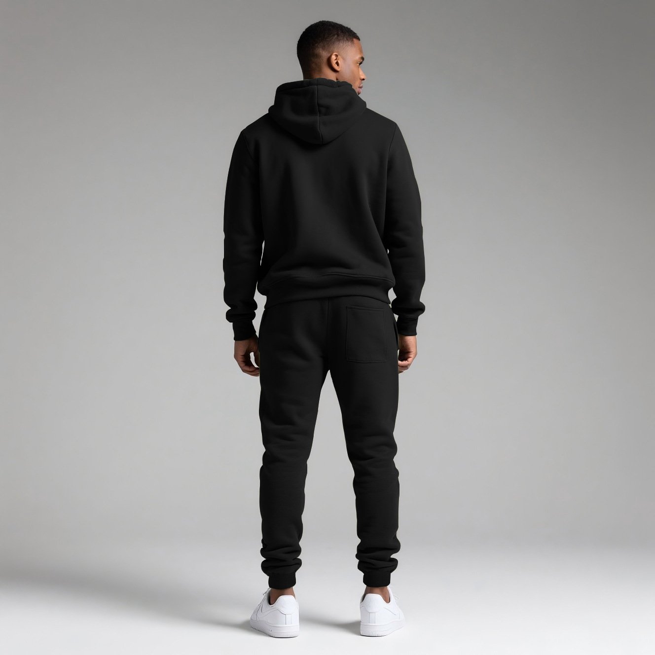 Zipper Hoodie Set black men tracksuit back view full body model