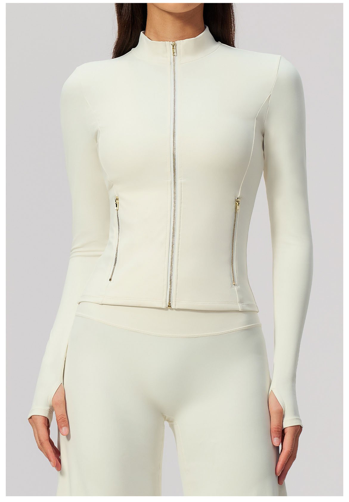 white cropped yoga zipper top stand collar thumb hole workout jacket