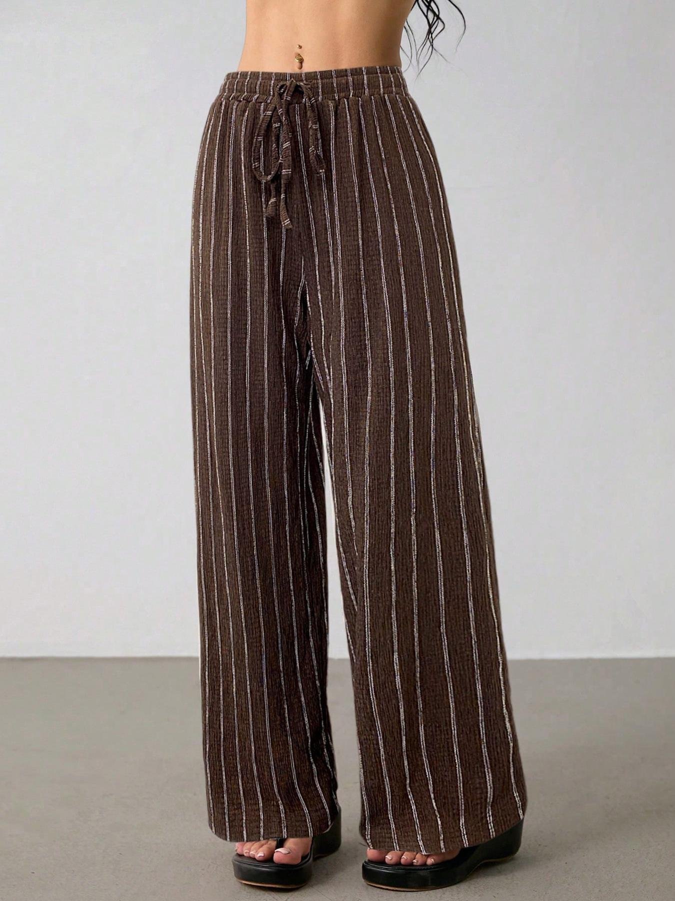 Brown Vertical Striped Drawstring Wide Leg Pants Women Crinkle Textured Brown White Pinstripe Drawstring Elastic Waist Wide Leg Casual Trousers
