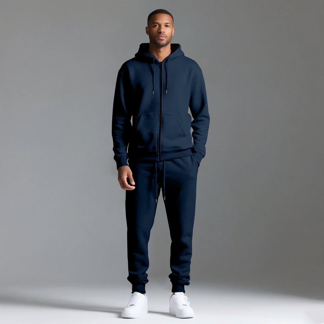Zipper Hoodie Set navy blue front full body male model outfit
