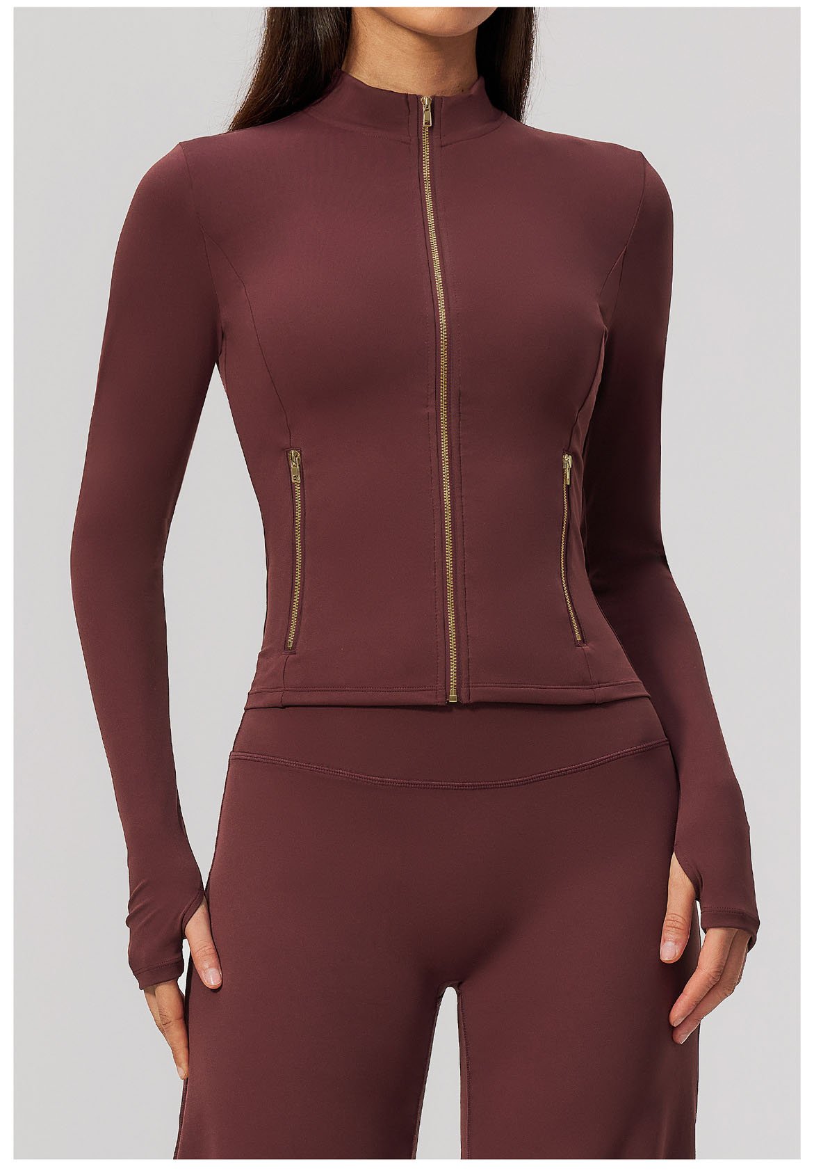 brown cropped yoga zipper top stand collar thumb hole workout jacket