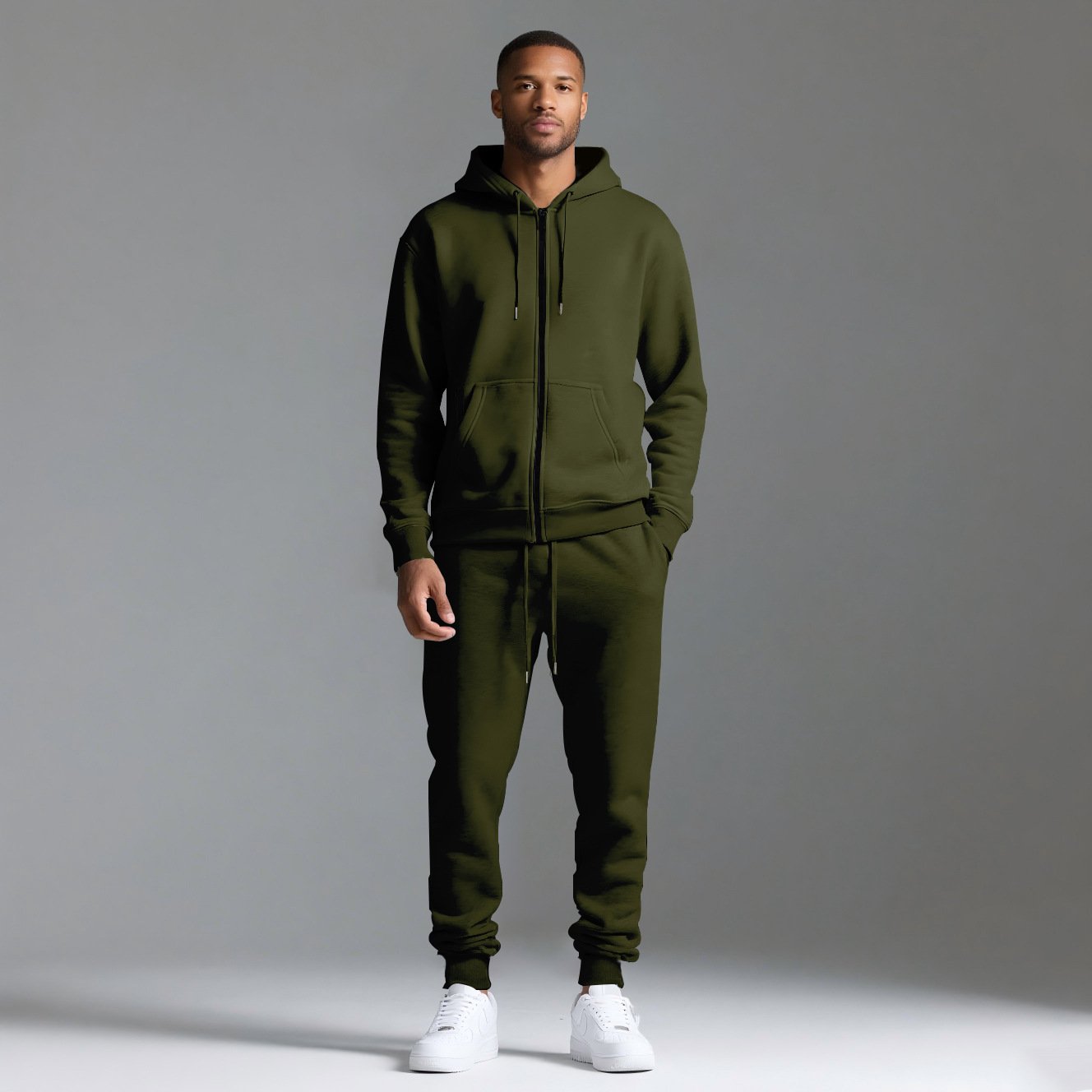 Zipper Hoodie Set olive green front full body male model outfit