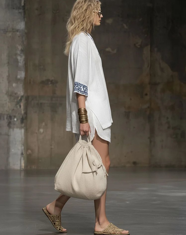  Side profile runway shot white boho embroidered v neck linen short set, loose oversized side split hem linen tunic tribal cuff embroidery matching relaxed pocket linen shorts coastal boho travel coordinate