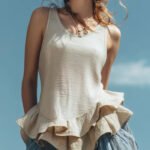 white Asymmetrical Ruffle Hem Linen Tank Top Loose Fit Uneven Frill Linen Sleeveless Cami