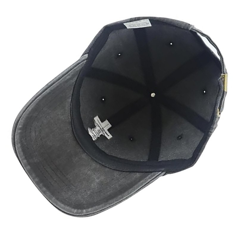 Dark Gray Faith Cross Washed Dad Cap Inner Lining Embroidery Inside Shot