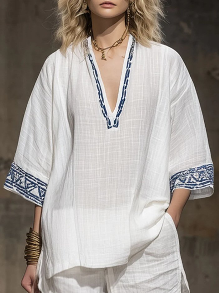 Soft sky white boho embroidered v neck linen short set, thin breathable crinkled linen fabric tribal blue neck & cuff embroidery oversized tunic with matching side pocket linen shorts beach wear