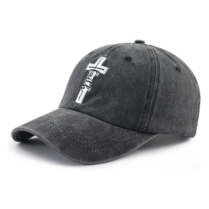 Dark Gray Faith Cross Embroidery Distressed Washed Cotton Dad Cap Full Front White Embroidery Detail