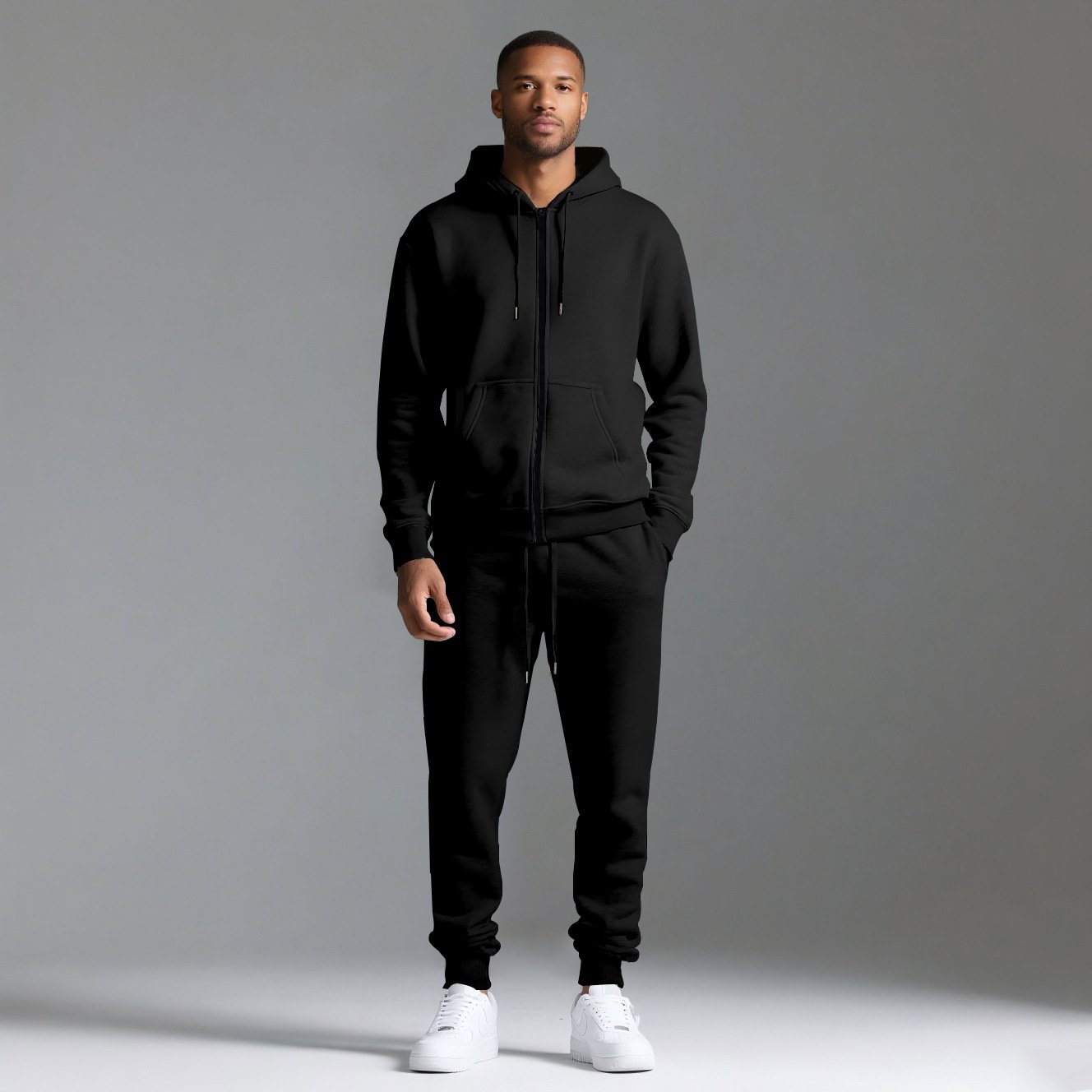 Zipper Hoodie Set black front full body male model outfit