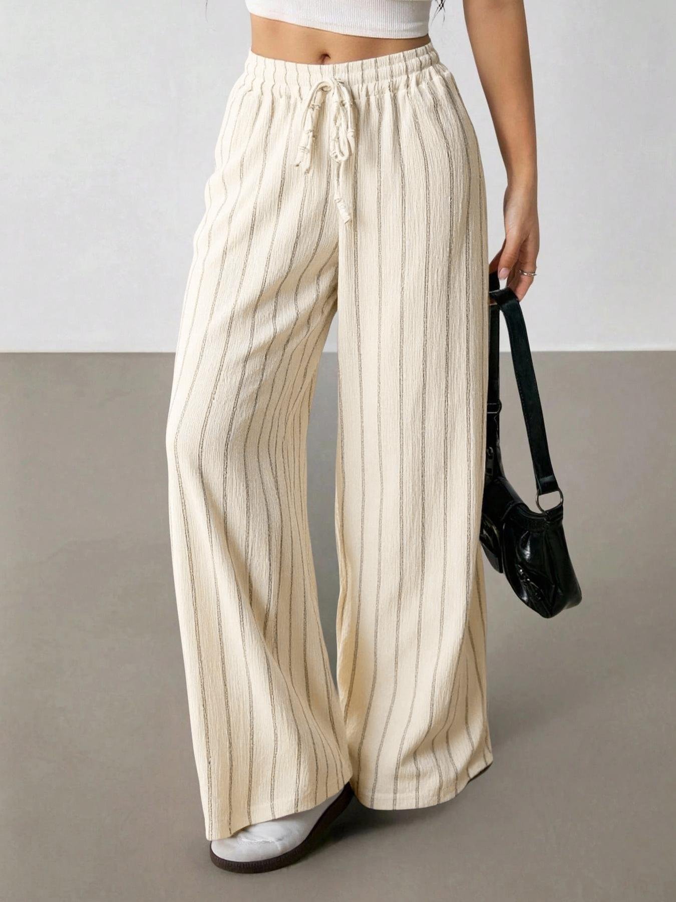 Beige Vertical Striped Loose Wide Leg Pants With Drawstring Casual Beige Thin Vertical Stripe Crinkle Fabric High Waist Drawstring Wide Leg Pants Street Outfit
