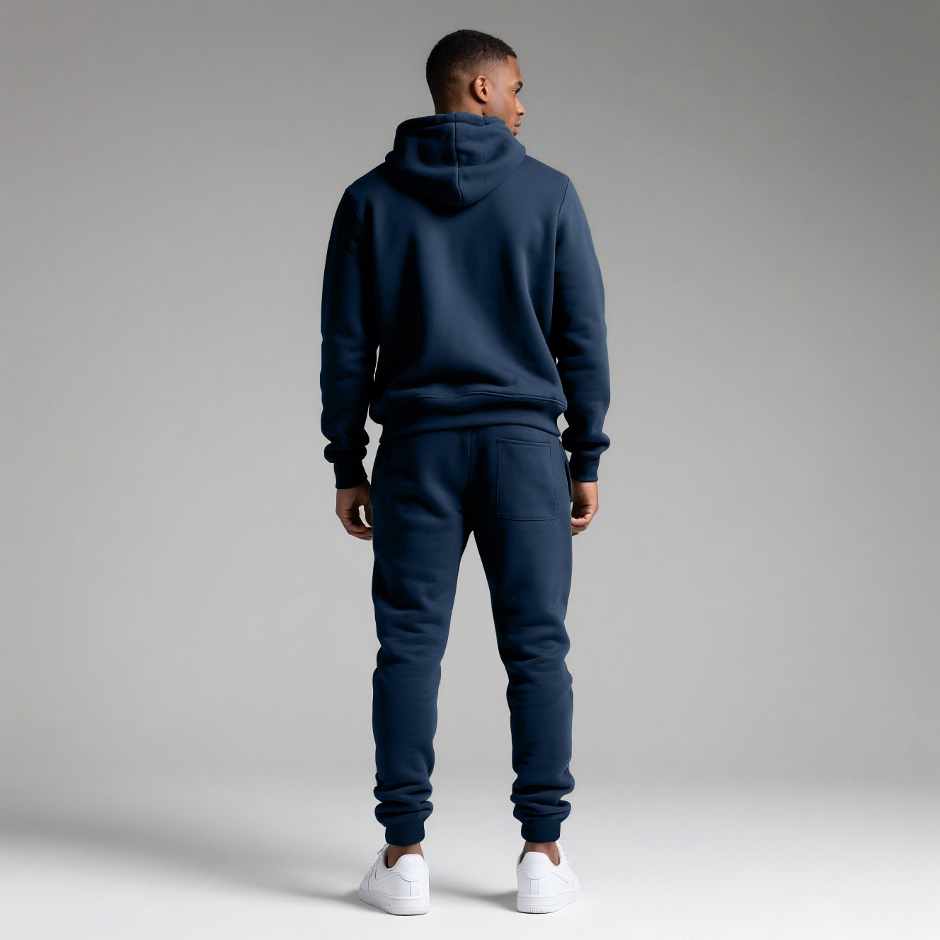 Zipper Hoodie Set navy blue men tracksuit back view full body model