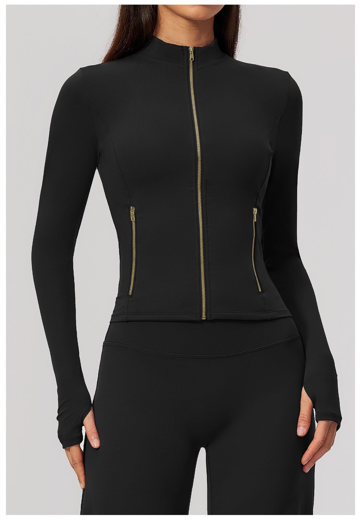 black cropped yoga zipper top stand collar thumb hole workout jacket