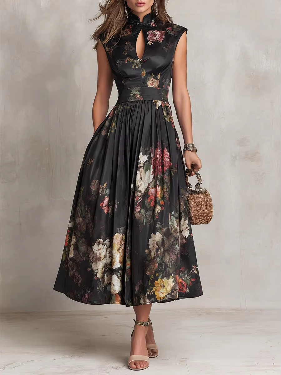 Mandarin Collar Keyhole Cutout Floral Satin Midi Dress Sleeveless Pleated Swing Oriental Qipao Cheongsam Vintage Oil Painting Floral S-XL