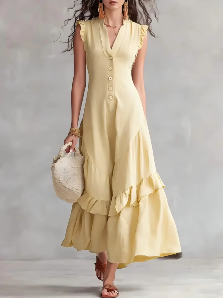Sky Blue Ruffle Sleeve Asymmetrical Tiered Midi Dress Full Resort Outfit Shot