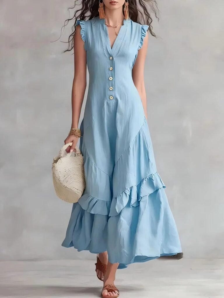 Sky Blue Ruffle Sleeve Asymmetrical Tiered Midi Dress Full Resort Outfit Shot