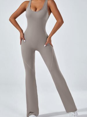 Active gray backless jumpsuit in motion