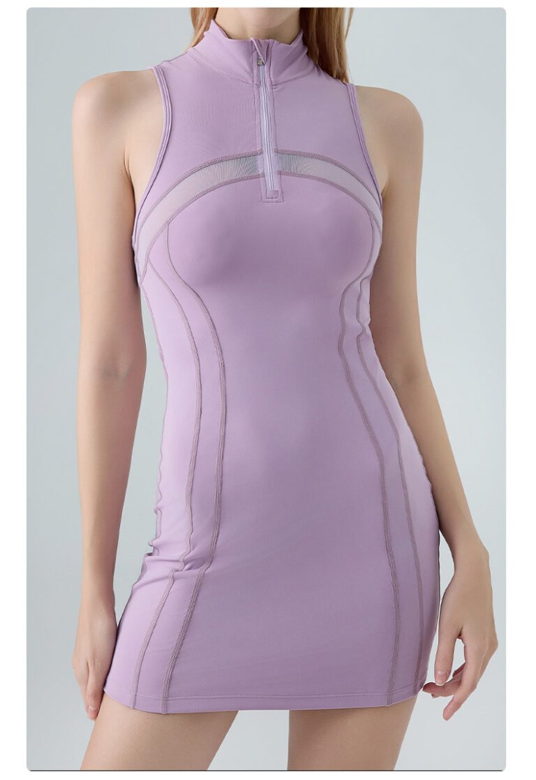 White Zip Front Mesh Panel Sleeveless Bodycon Athletic Dress Side Profile Shot