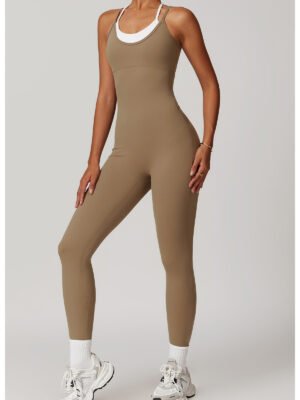 Taupe Spaghetti Strap Crisscross Back Yoga Jumpsuit Full Front Shot