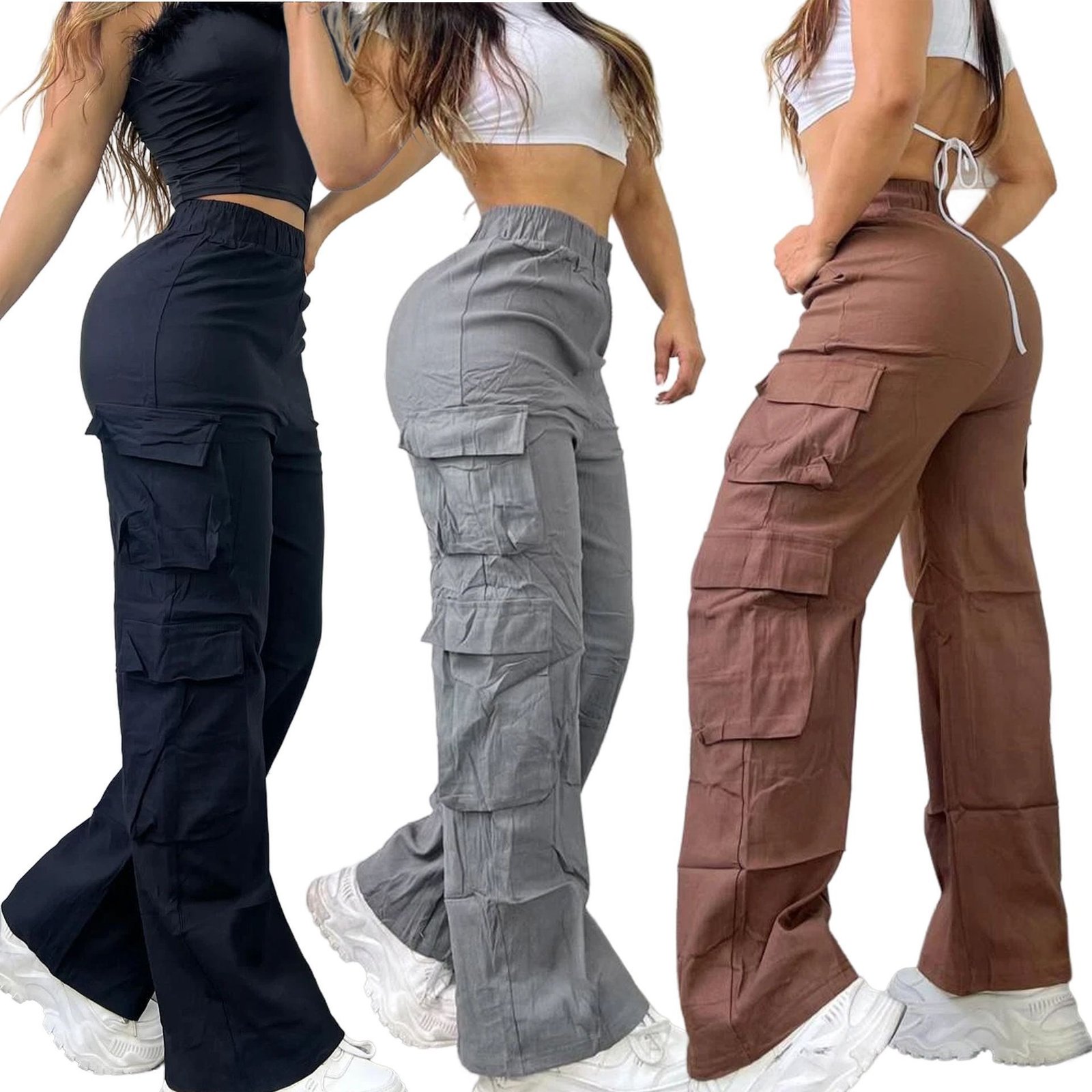 High Waisted Elastic Waist Multi Flap Pocket Cargo Flare Pants Lightweight Loose Wide Leg Streetwear Trousers 3 Colors Black Gray Brown S-XL