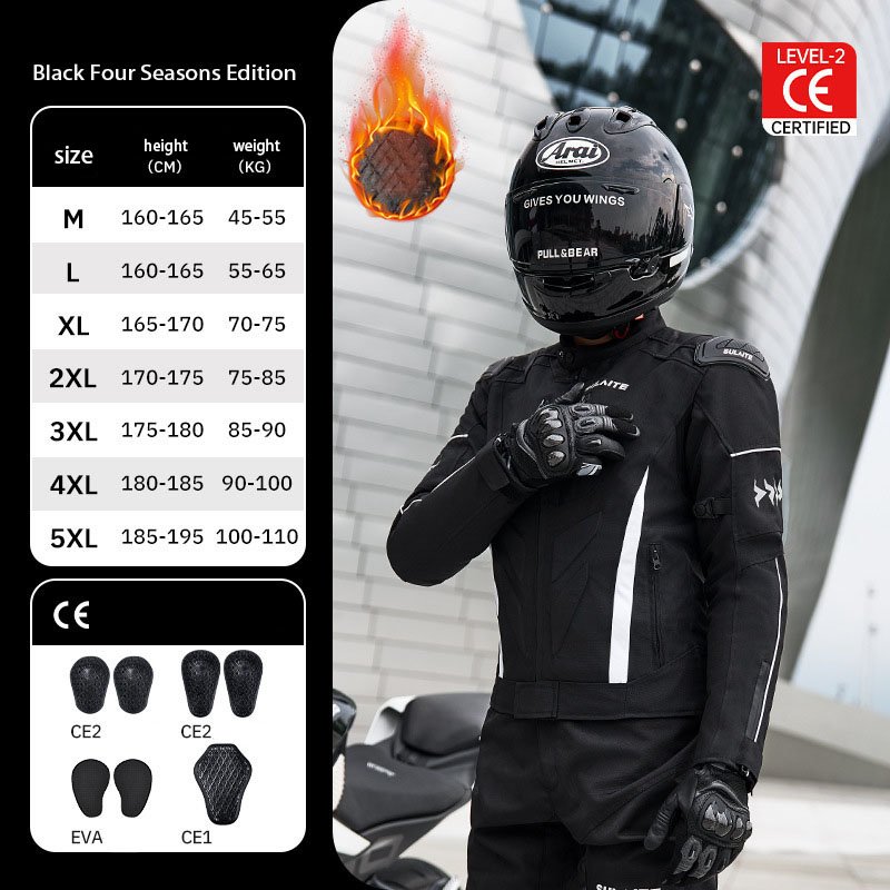 All Black SULAITE CE Protective Motorcycle Riding Suit Full Body Rider Shot