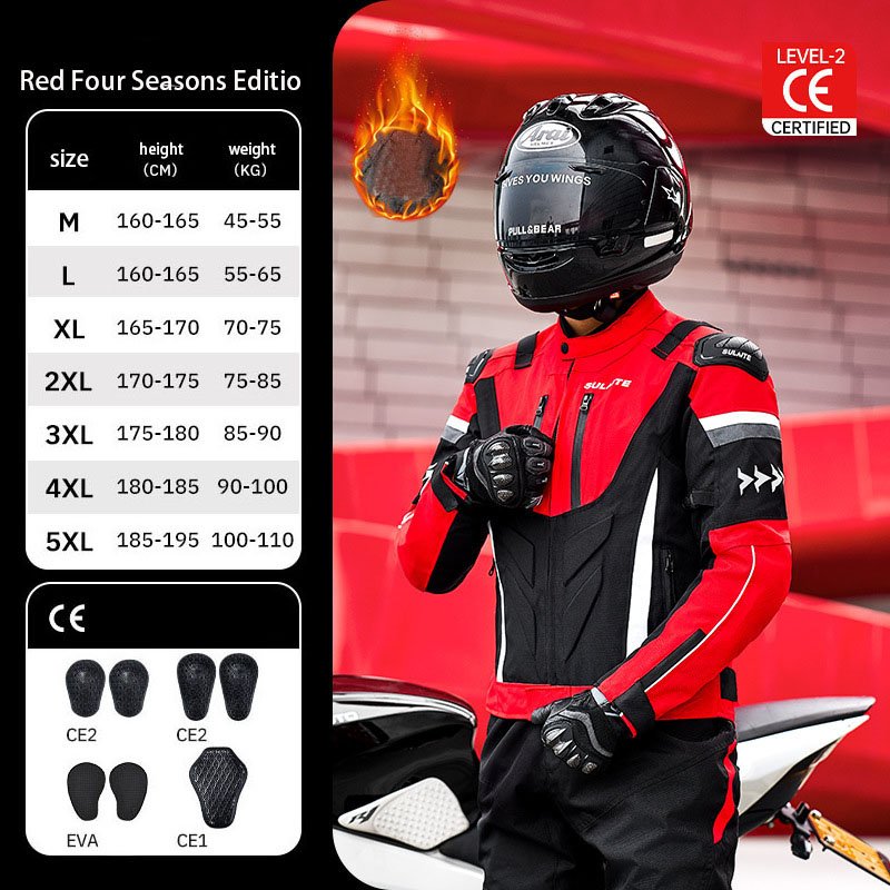 black red color block all weather CE level 2 motorbike protective outfit