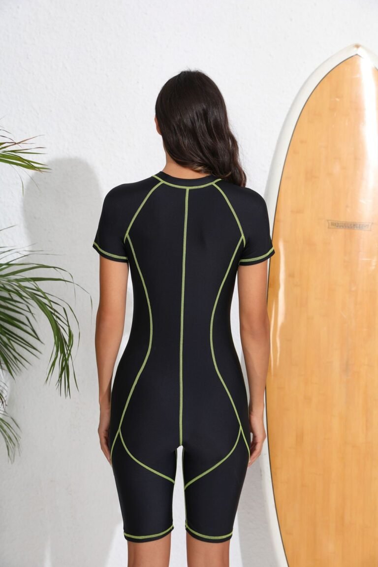 Black Pink Stitch Short Sleeve Rash Guard Swimsuit Front Pose Shot