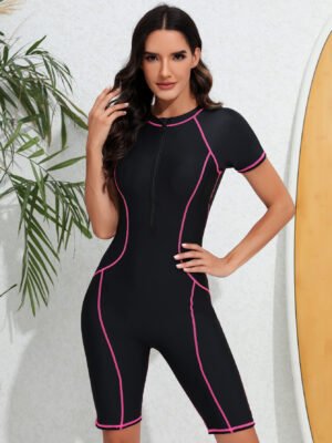 Black Pink Stitch Short Sleeve Rash Guard Swimsuit Front Pose Shot