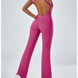 Hot pink backless jumpsuit with open back design
