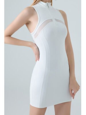 White Zip Front Mesh Panel Sleeveless Bodycon Athletic Dress Side Profile Shot