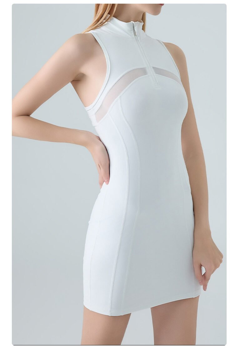White Zip Front Mesh Panel Sleeveless Bodycon Athletic Dress Side Profile Shot