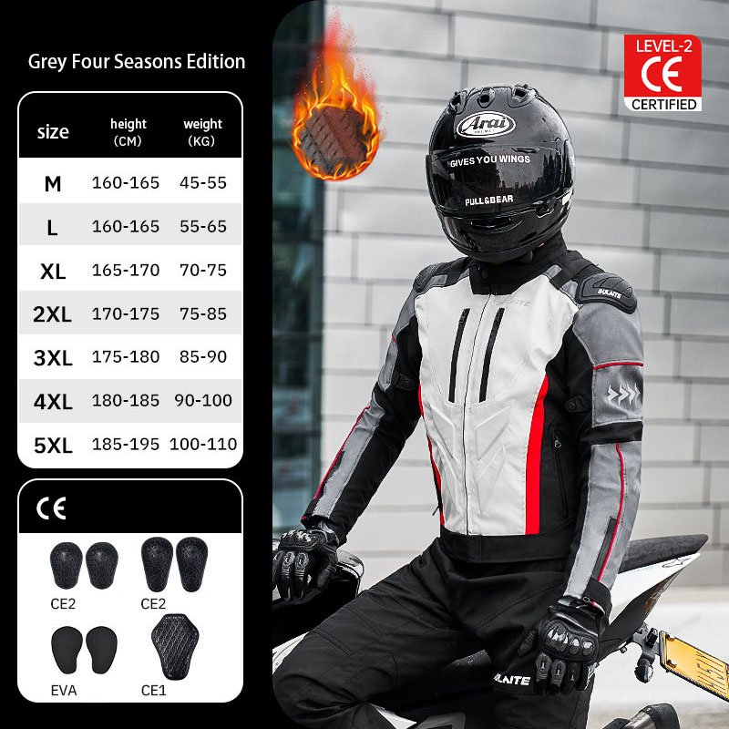 Grey Red SULAITE CE Motorcycle Riding Suit Rider Model With Size & CE Armor Chart
