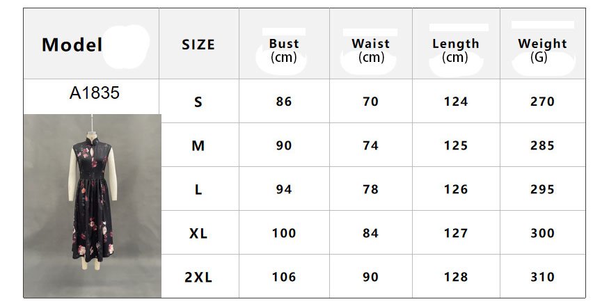 Size Chart For Model A1835 Women Black Floral Sleeveless Qipao Dress, Bust Waist Length Weight Measurement Table S-2XL