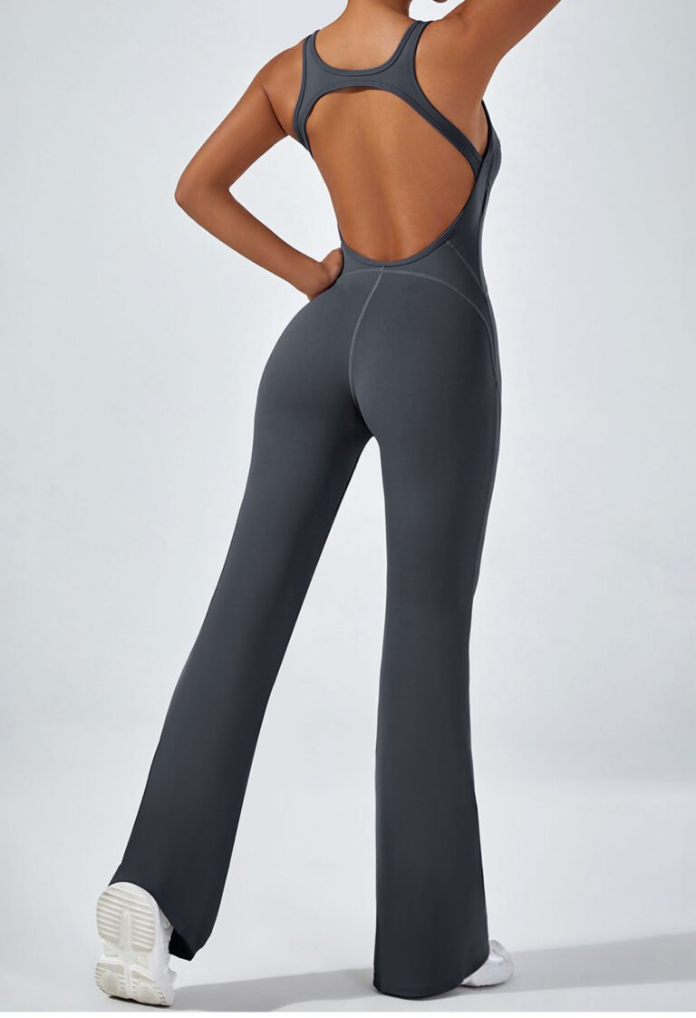 Active gray backless jumpsuit in motion