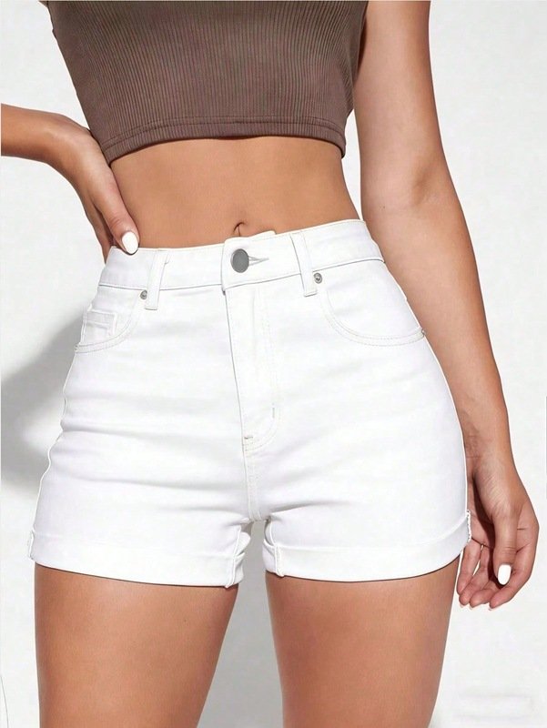 White High Waist Cuffed Stretch Denim Shorts Women Slim Fit Curvy Hot Pants