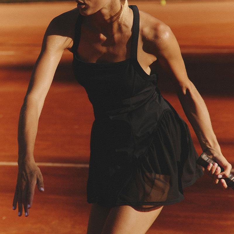 Black tennis dress mesh panel skort women training court wear