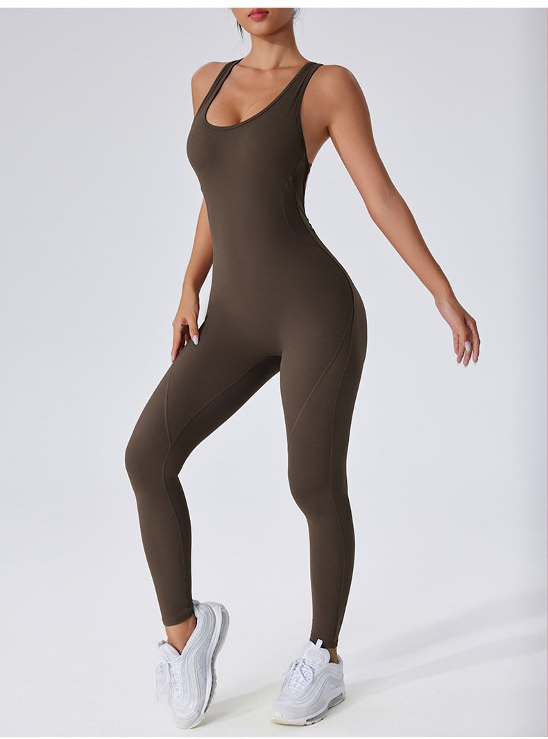 Brown stretch sculpt bodysuit back-beautifying hip lifting yoga jumpsuit