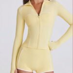 Contrast Yoga Shorts Set Long Sleeve Zip-Up Jacket High Waist Shorts Contrast Piping Thumb Hole Athletic Workout Two-Piece Set Women S-L 4 Colors