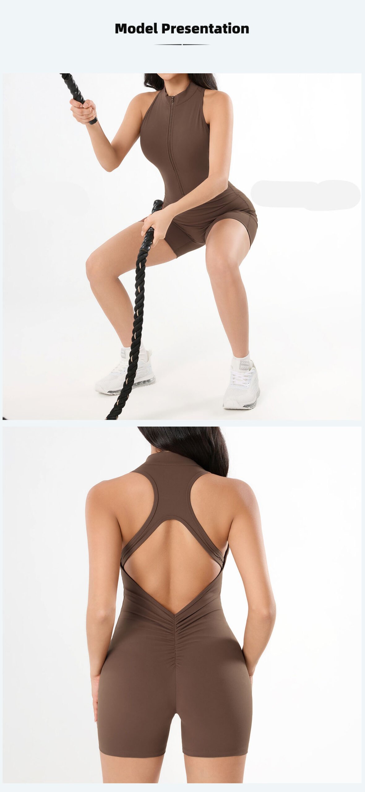 brown Half Zip High Neck Racerback Shorts Jumpsuit Front Back Combo