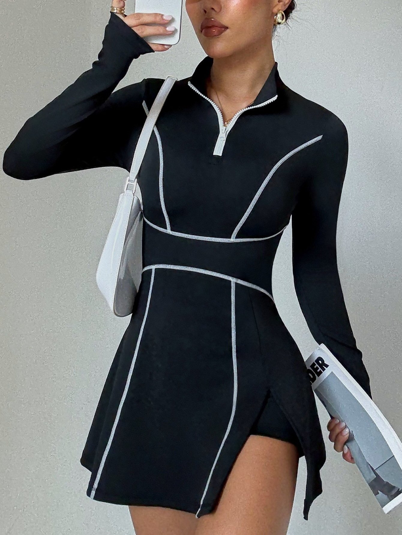 Black Half Zip Long Sleeve Yoga Dress Street Style Shot