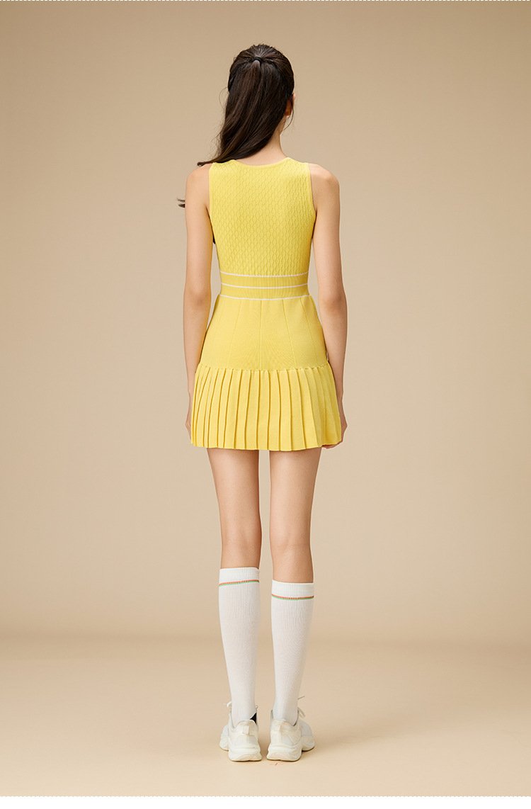 Back view yellow zipper tennis dress striped high waist knit outfit