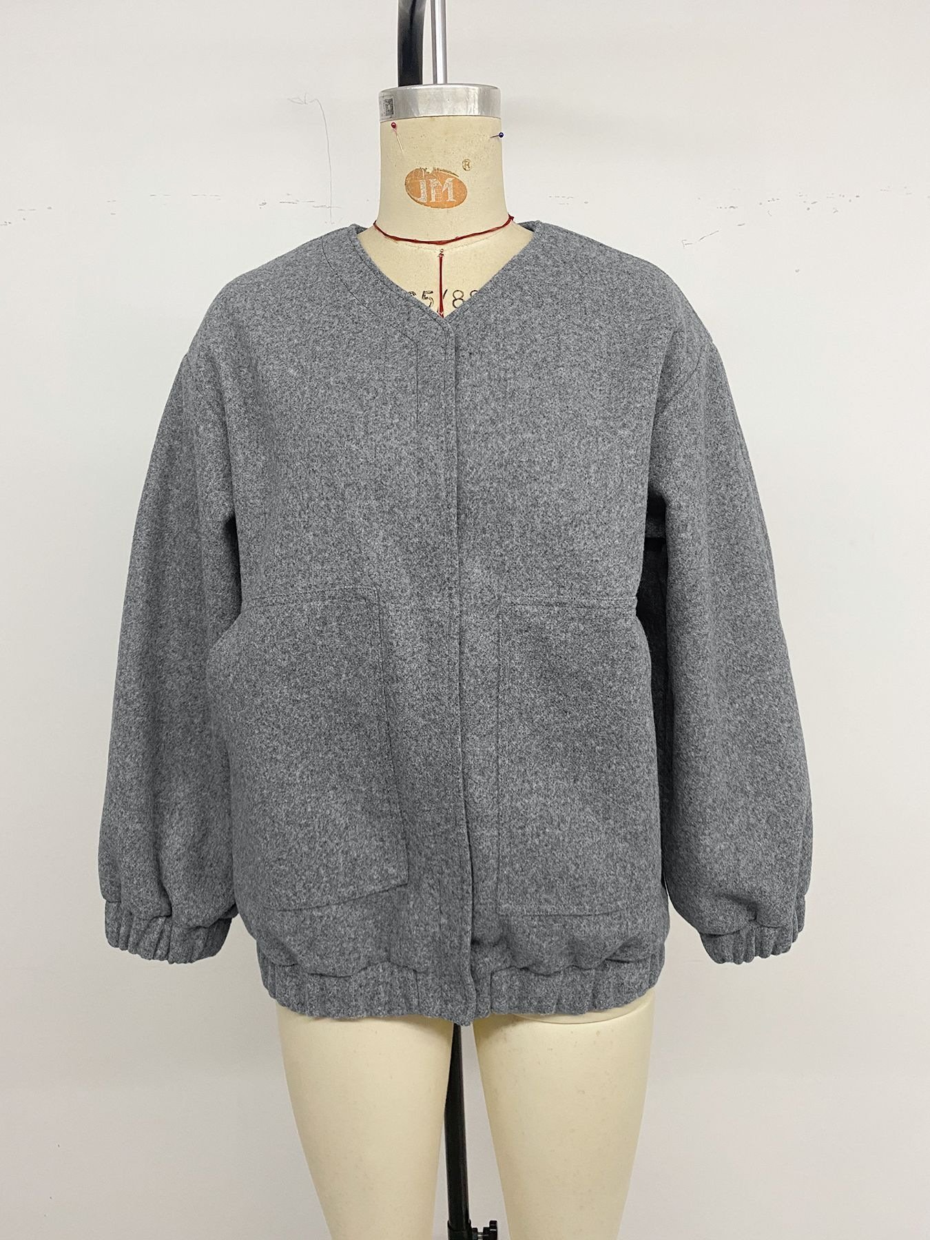Grey casual woolen jacket full front view two side patch pockets