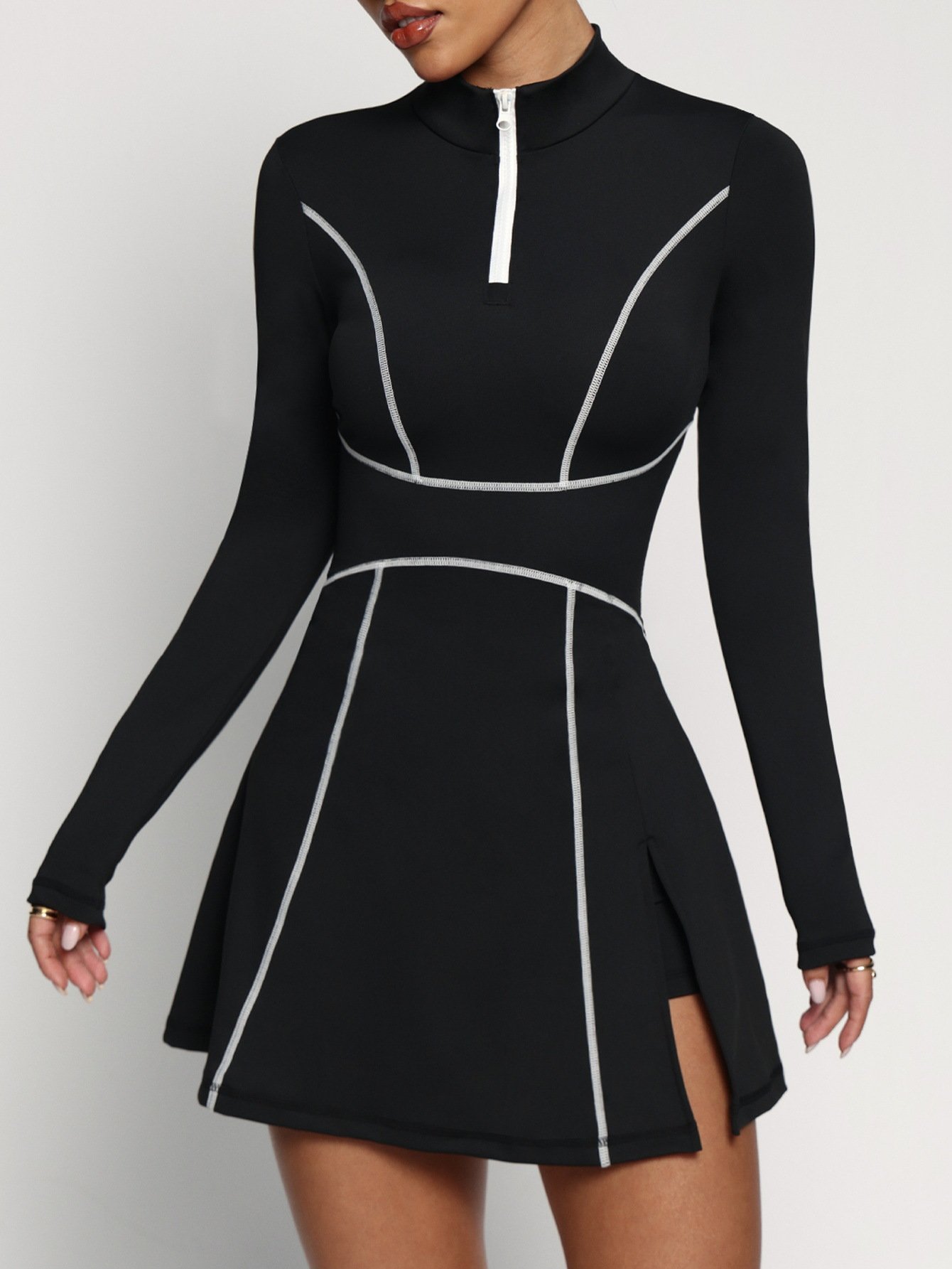 Black Half Zip Long Sleeve Yoga Dress Full Front Shot